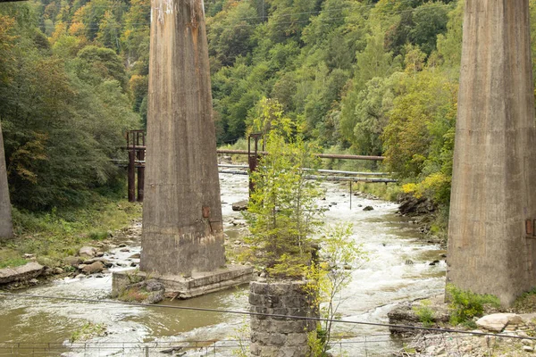 ウクライナのカルパティアの山の川を渡る鉄道橋 ウクライナの山の中の古い橋 — ストック写真