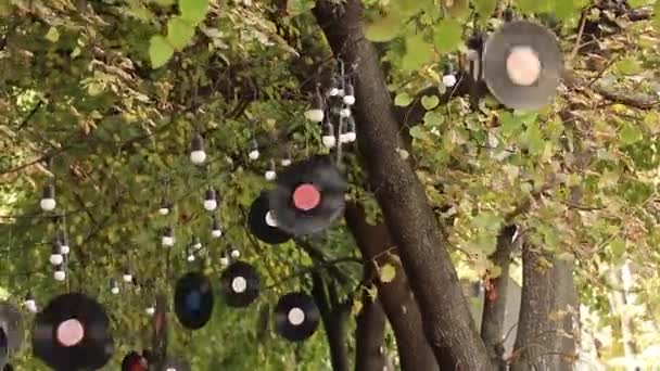 Vinyl Lemezek Izzók Egy Koszorú Lóg Egy Parkokban Ukrajnában Egy — Stock videók