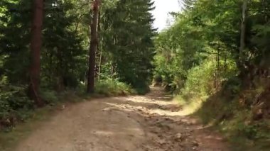 Bukovel 'deki Ukrayna' daki Karpatlar 'daki dağlardan geçen araba, dağlardaki açık bir araçtan görülüyor.
