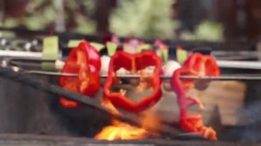 Kırmızı tatlı biberler ateşte şiş üzerinde pişirilir. Bir çocuk tarafından ızgarada pişirilmiş sebzeler.