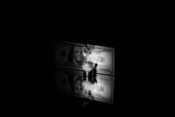 One Hundred Dollars Lie Mirror Hourglass Time Money — Stock Photo, Image