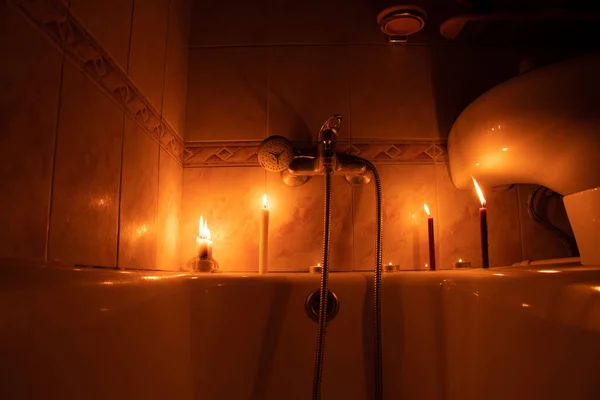 Candles Bathroom Dark Apartment Ukraine Ukraine Electricity Due War Turned — Stock Photo, Image