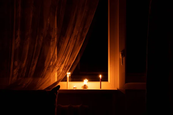 Candles Window Apartment Ukraine Ukraine Electricity Due War Apartment Light — Stock Photo, Image