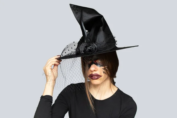 Image Witch Witch Makeup Face Girl Hat Witch Halloween Portrait — Stock Photo, Image