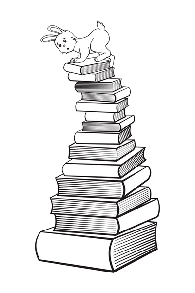 Conejo y libros. Blanco y negro aislados — Vector de stock