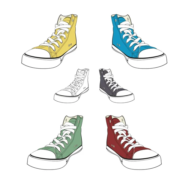 Zapatos de goma de colores. Aislado en zapatillas de deporte vector concepto blanco . — Vector de stock