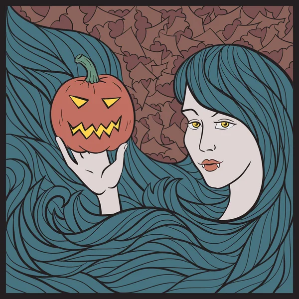 Chica vampiro con una calabaza . — Vector de stock