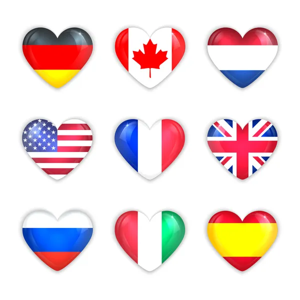 Glas hjärta flaggor av länder Ikonuppsättning. isolerad på vit. — Stockfoto