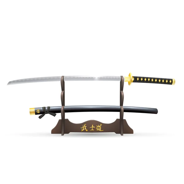 Realistiska samuraj svärd och balja i montern — Stockfoto
