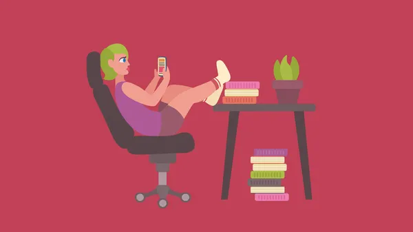 Yeşil Saçlı Bir Kız Sandalyeye Oturur Kitap Okumak Yerine Sosyal — Stok Vektör