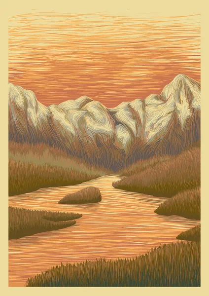 日落时的山谷中的山脉和河流 矢量景观图解 — 图库矢量图片
