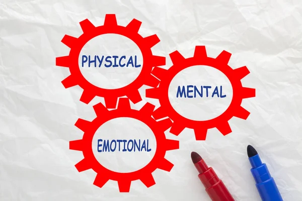 Las Palabras Física Mental Emocional Con Engranajes Conceptuales Equilibrio Mente — Foto de Stock