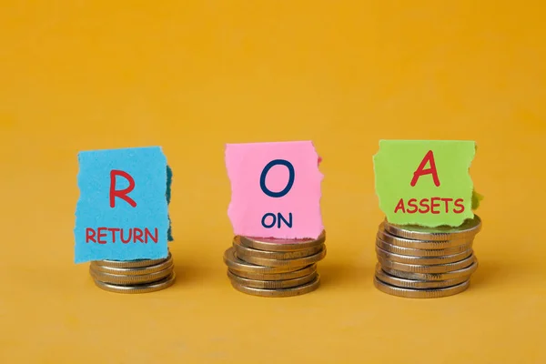 Return Assets Word Stacked Coins Roa Abbreviation Business Finance Concept — Stockfoto