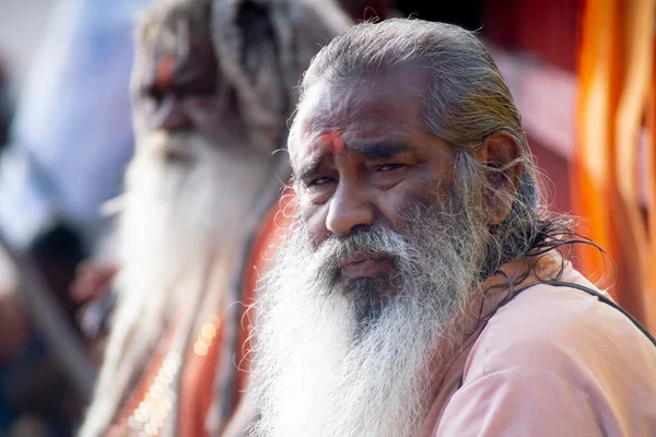 Sâdhu indien saint moine avec un visage ridé et une longue barbe blanche qui coule et un tilak sur le front en regardant la caméra — Photo