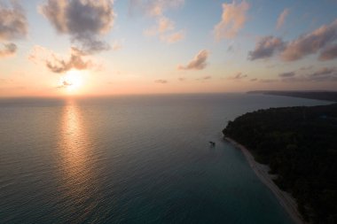 Ufukta kırmızı turuncu gündoğumundan yeşil hindistan cevizi ağacına giden hava aracı görüntüsü şafak vakti Hindistan 'daki Langkawi Adaları' ndaki Swaraj dweep havalimanında görülür.