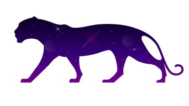 Bir panter, leopar, kaplan görüntüsü yıldızların arka planında. Çoklu pozlama