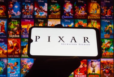 October 7, 2021, Brazil. In this photo illustration the Pixar Animation Studios logo seen displayed on a smartphone clipart