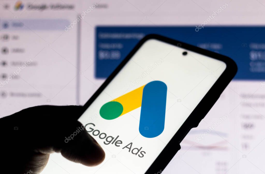October 12, 2021, Brazil. In this photo illustration the Google Ads (AdWords) logo seen displayed on a smartphone