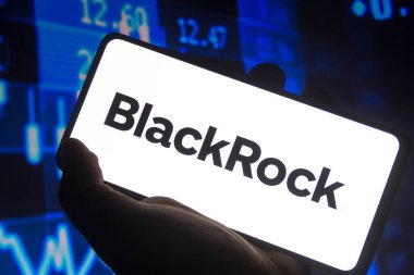 15 Kasım 2021, Brezilya. Bu resimde BlackRock logosu bir akıllı telefon ekranında ve arka planda bir borsa grafiğinde sergileniyordu.