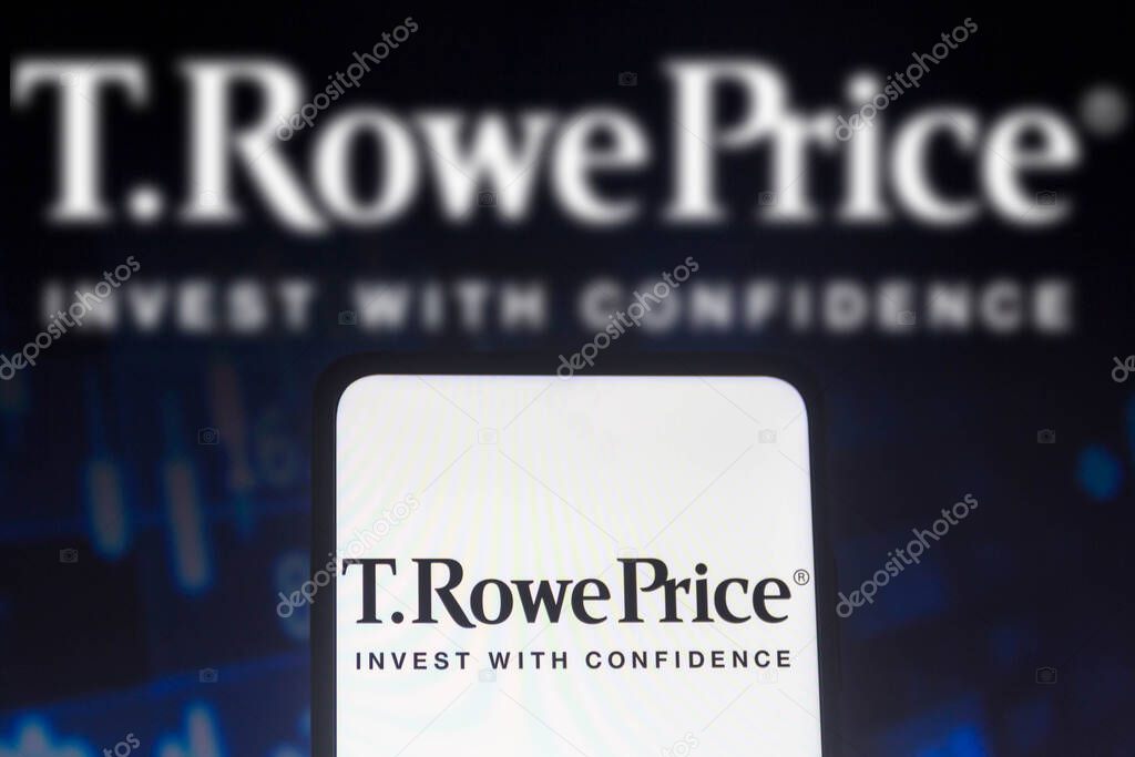 November 15, 2021, Brazil. In this photo illustration a T. Rowe Price logo seen displayed on a smartphone screen and in the background