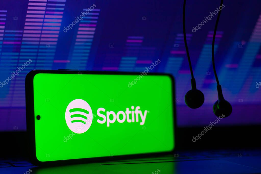 December 7, 2021, Brazil. In this photo illustration the streaming service logo Spotify seen displayed on a smartphone