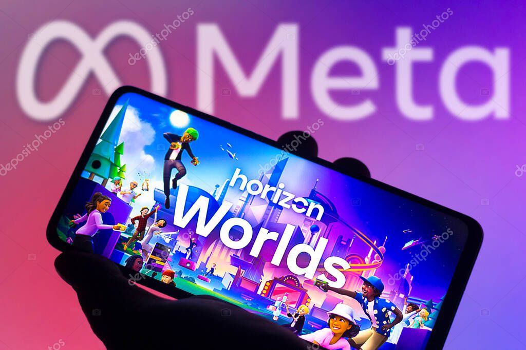 December 13, 2021, Brazil. In this photo illustration the Horizon Worlds logo seen displayed on a smartphone and in the background the Meta Platforms logo