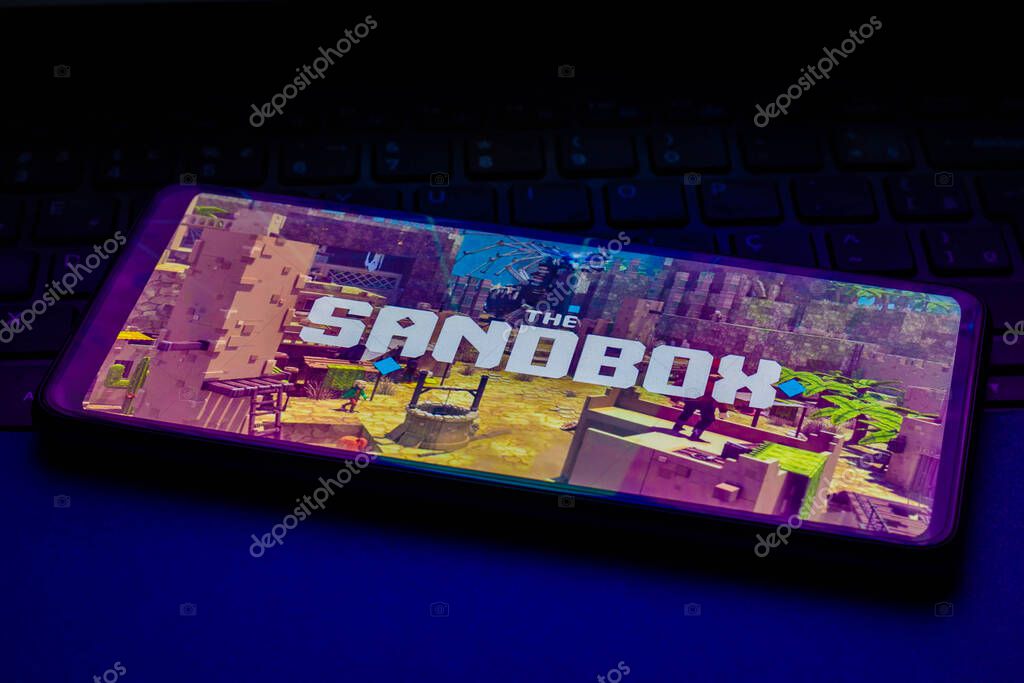 February 4, 2022, Brazil. In this photo illustration, an The Sandbox logo is seen on a smartphone screen