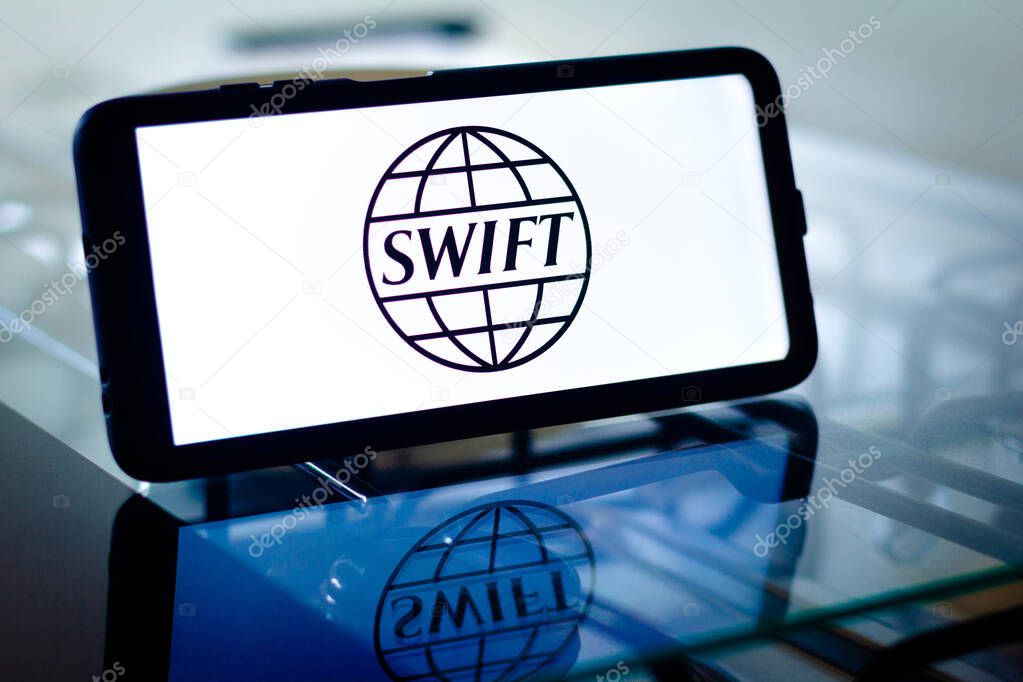February 28, 2022, Brazil. In this photo illustration, the Society for Worldwide Interbank Financial Telecommunication (SWIFT) logo is displayed on a smartphone screen