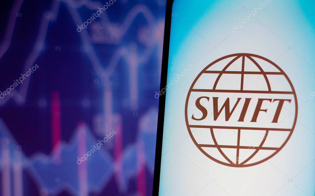 February 28, 2022, Brazil. In this photo illustration, the Society for Worldwide Interbank Financial Telecommunication (SWIFT) logo is displayed on a smartphone screen