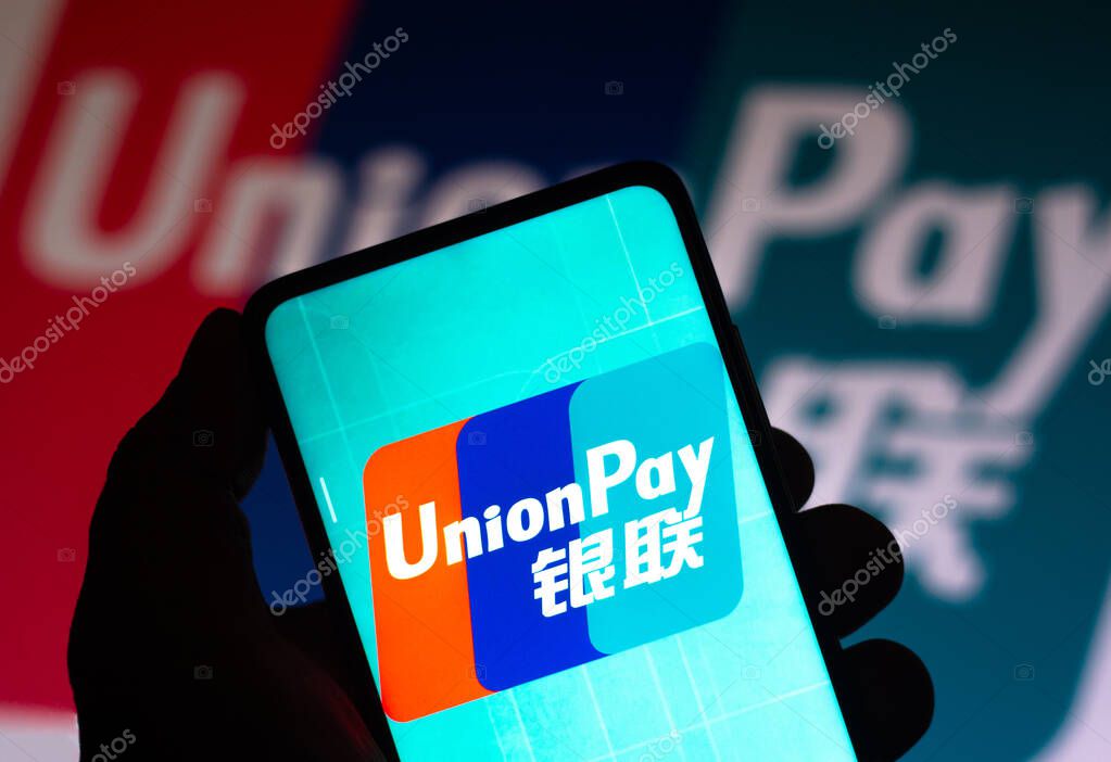 March 7, 2022, Brazil. In this photo illustration, the UnionPay (CUP) logo is displayed on a smartphone screen