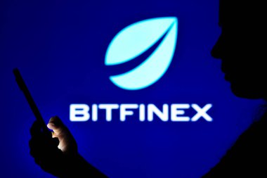12 Nisan 2022, Brezilya. Bu resimde, bir kadının siluetinde arka planda Bitfinex logosu olan bir akıllı telefon var.