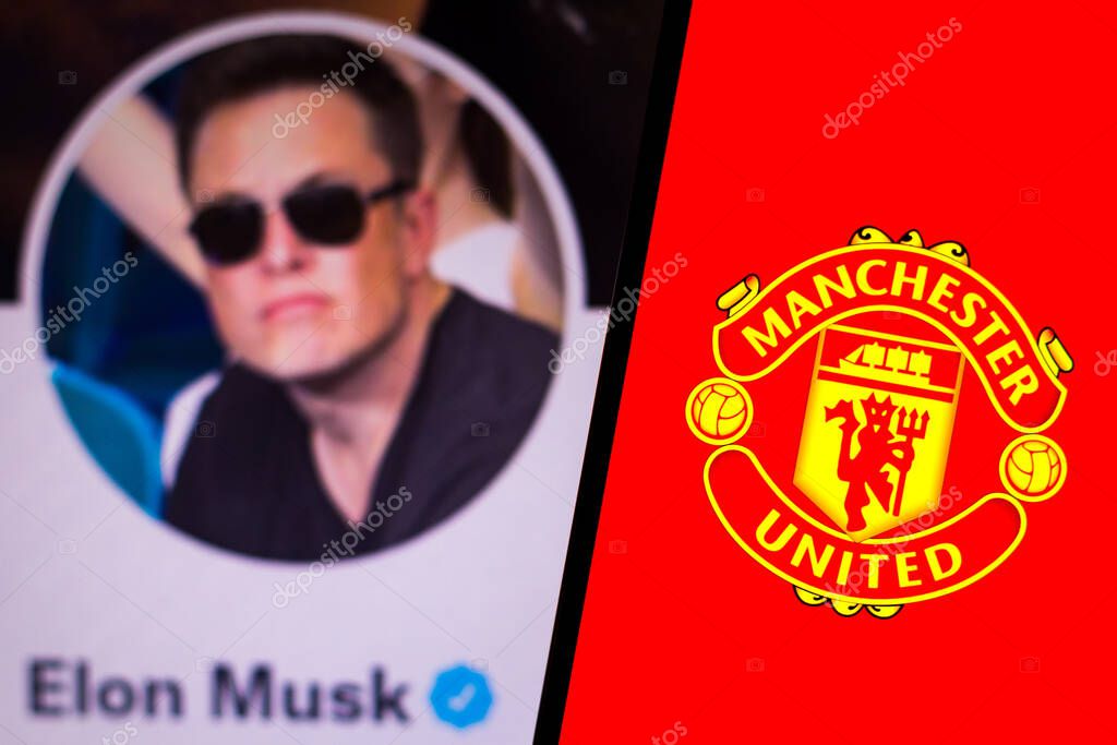 April 15, 2022, Brazil. In this photo illustration, the Manchester United Football Club logo is displayed on a smartphone with Elon Musk's official Twitter profile in the background