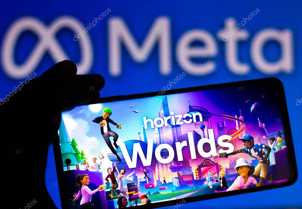 April 19, 2022, Brazil. In this photo illustration the Horizon Worlds logo seen displayed on a smartphone and in the background the Meta Platforms logo