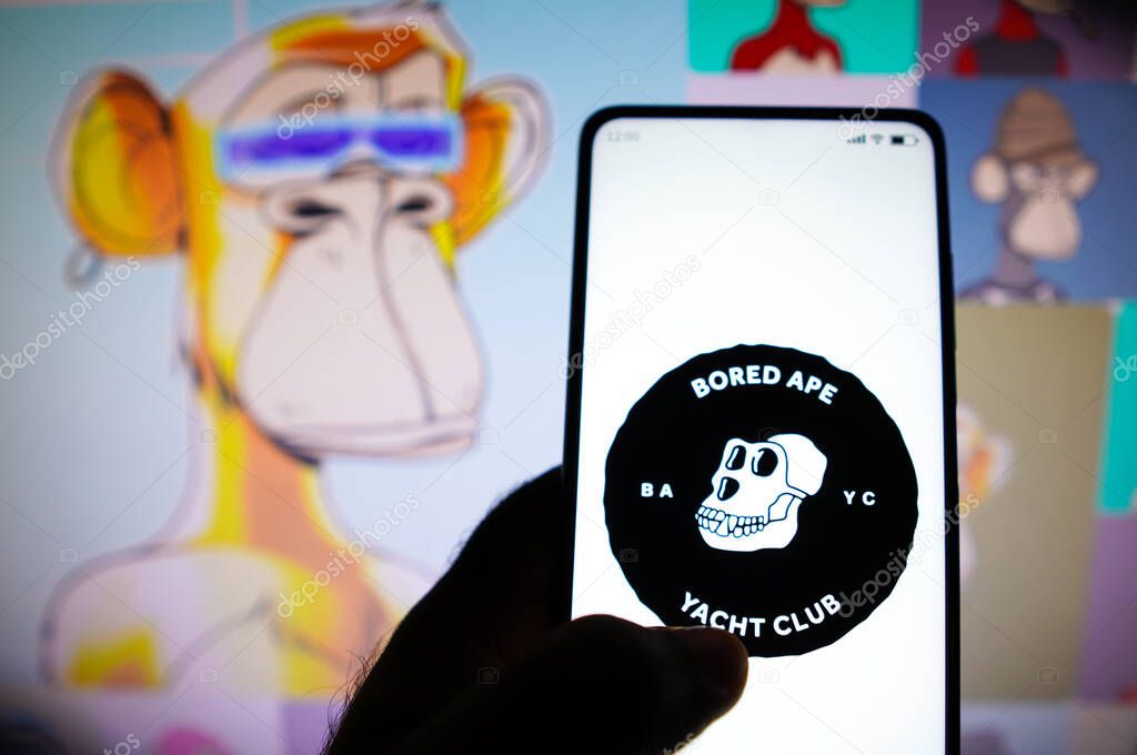 May 7, 2022, Brazil. In this photo illustration, the Bored Ape Yacht Club logo seen displayed on a smartphone