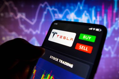 11 Mayıs 2022, Brezilya. Bu resimde Tesla A.Ş. 'nin hisse senedi alım satım grafiği akıllı telefon ekranında görülüyor.