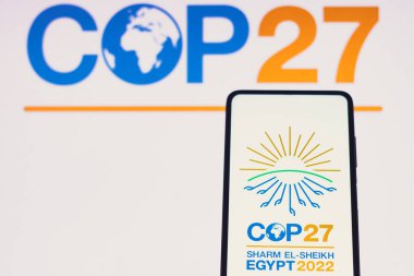14 Haziran 2022, Brezilya. Bu resimde, 2022 Birleşmiş Milletler İklim Değişikliği Konferansı COP27 logosu akıllı telefon ekranında görülmektedir.
