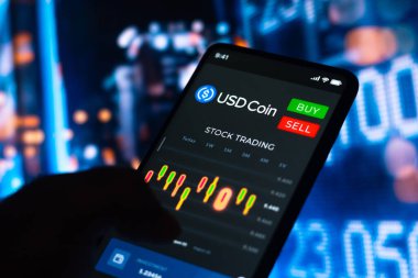 20 Haziran 2022, Brezilya. Bu resimde, USD Coin 'in (USDC) hisse senedi alım satım grafiği akıllı telefon ekranında görüldü