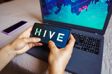 4 Temmuz 2022, Brezilya. Bu resimde, HIVE Blockchain logosu bir akıllı telefon ekranında görüntülenir