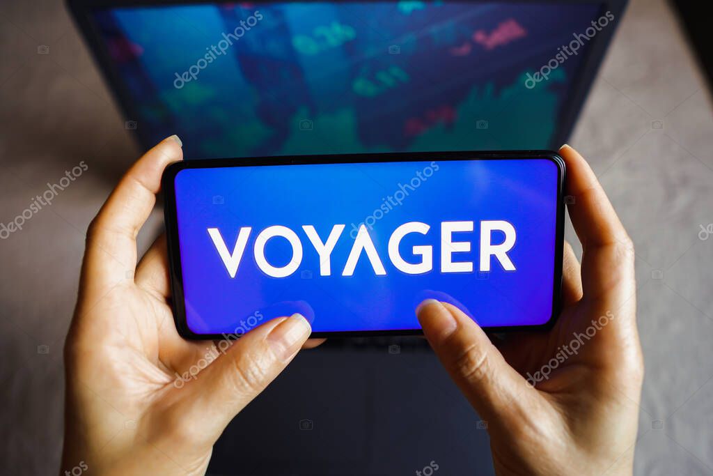 July 4, 2022, Brazil. In this photo illustration, the Voyager Digital logo seen displayed on a smartphone screen