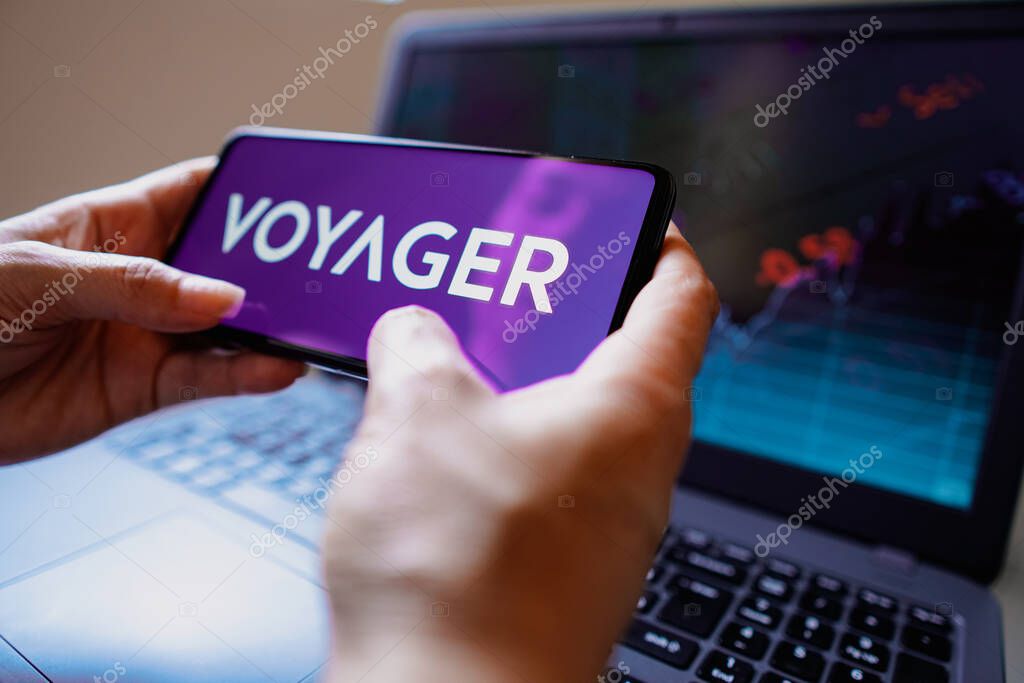 July 4, 2022, Brazil. In this photo illustration, the Voyager Digital logo seen displayed on a smartphone screen