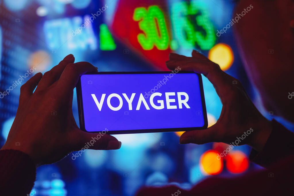 July 19, 2022, Brazil. In this photo illustration the Voyager Digital logo seen displayed on a smartphone screen