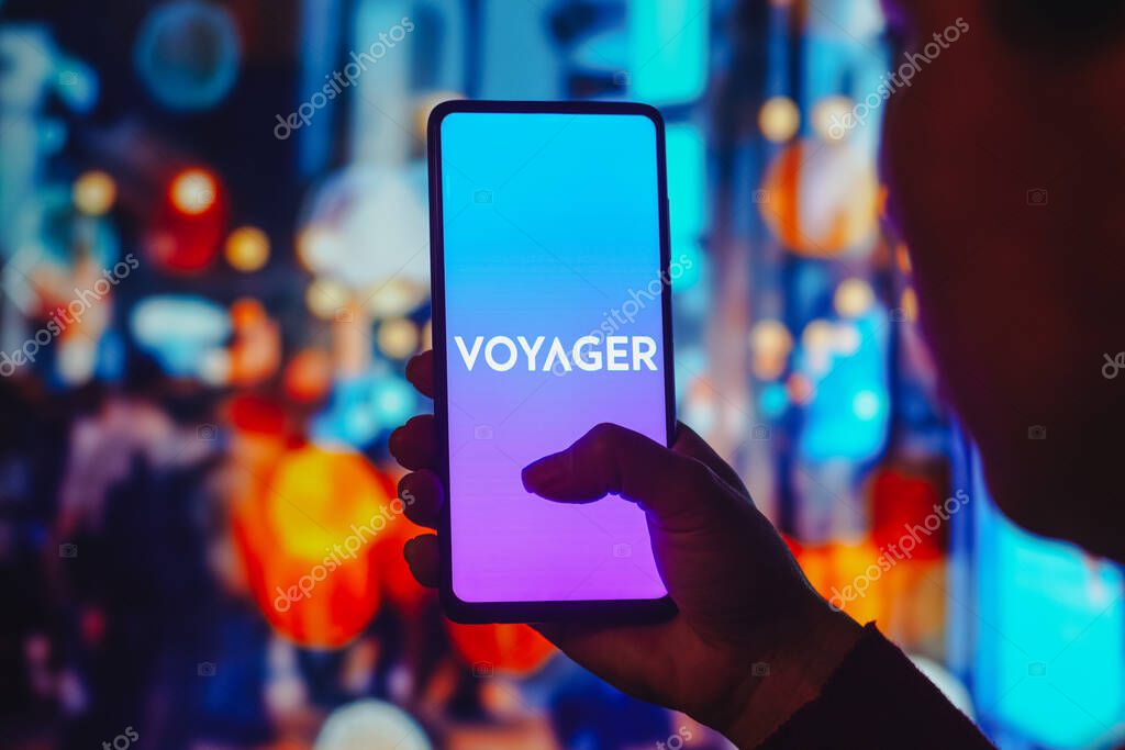 July 19, 2022, Brazil. In this photo illustration the Voyager Digital logo seen displayed on a smartphone screen