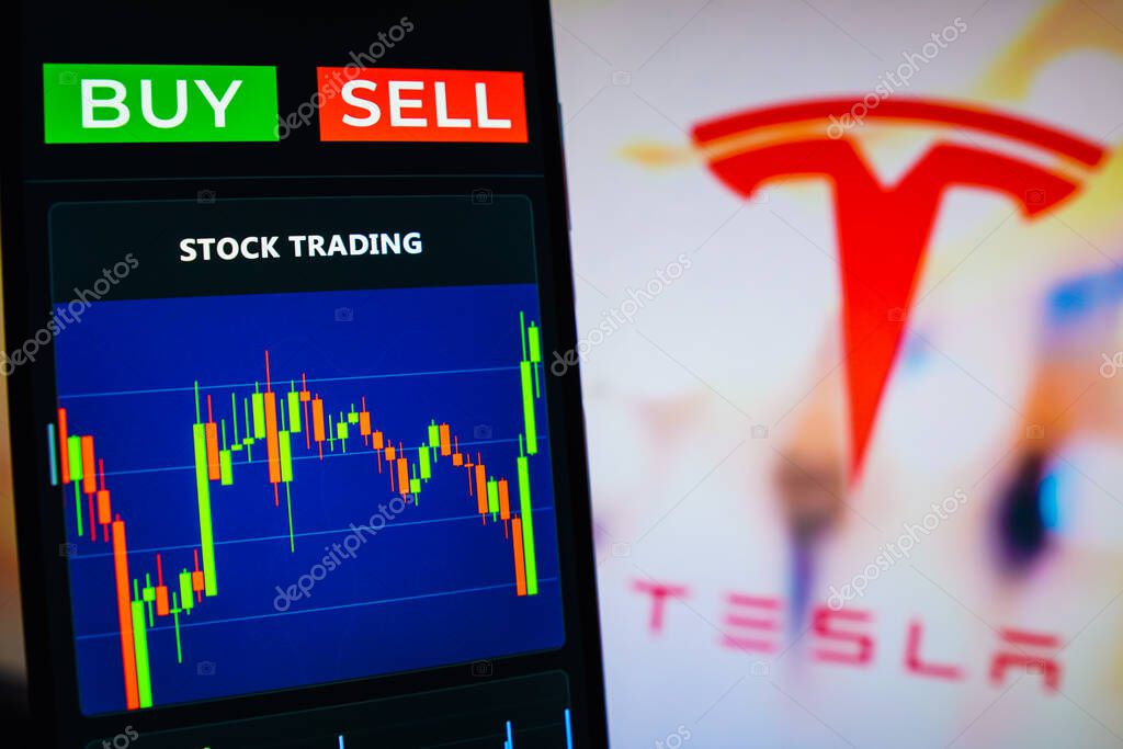 July 20, 2022, Brazil. In this photo illustration the stock market graphic seen on a smartphone with the Tesla, Inc. logo in the background