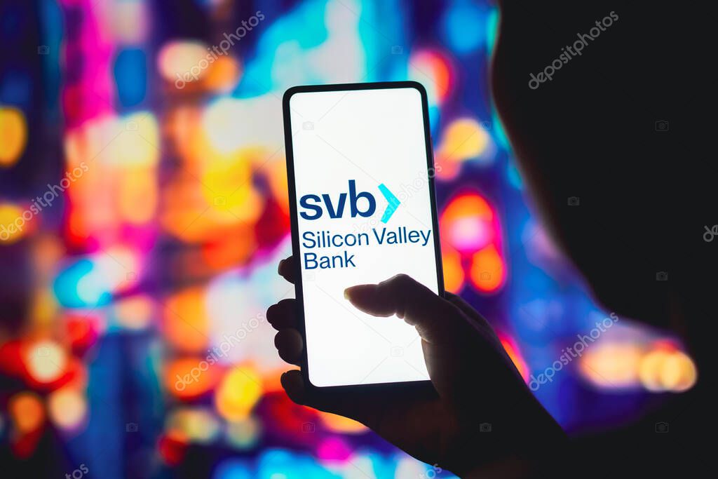 July 25, 2022, Brazil. In this photo illustration, the Silicon Valley Bank (SVB) logo is displayed on a smartphone screen