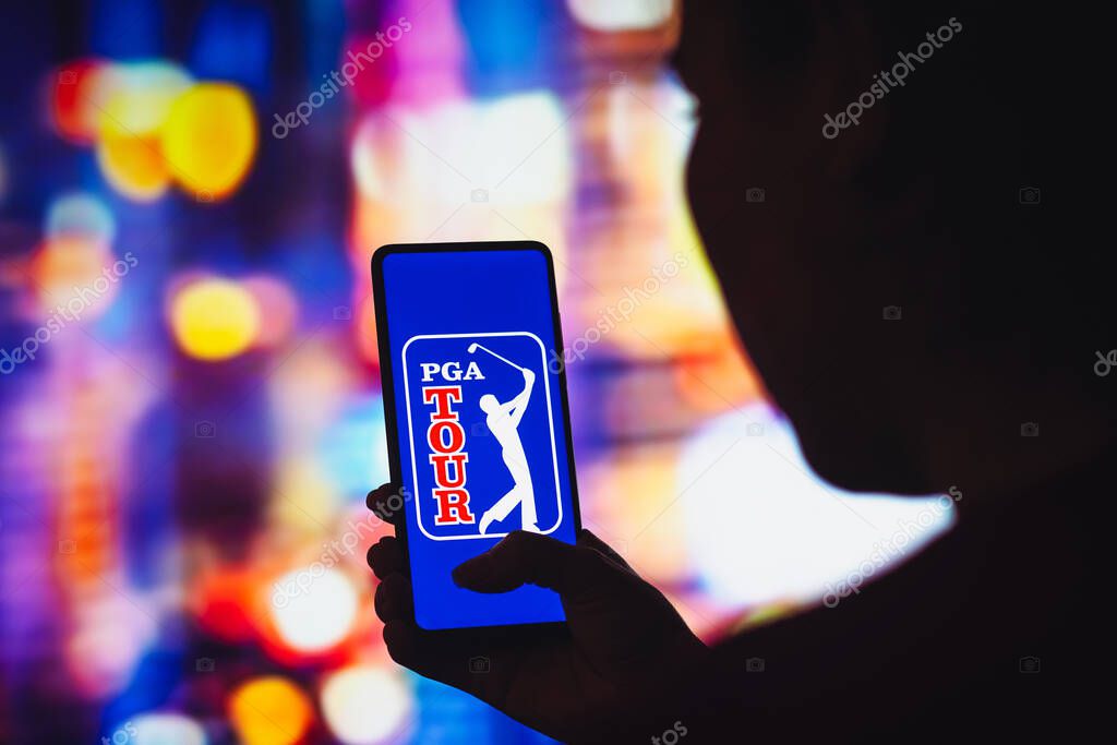 July 29, 2022, Brazil. In this photo illustration, the PGA Tour logo is displayed on a smartphone screen