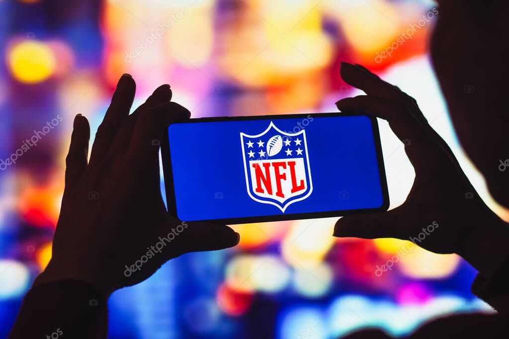 July 29, 2022, Brazil. In this photo illustration, the National Football League (NFL) logo is displayed on a smartphone screen