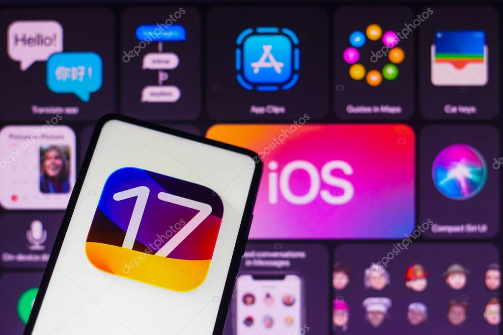 September 29, 2022, Brazil. In this photo illustration, the logo of Apple operating system, iOS 17, seen displayed on a smartphone screen