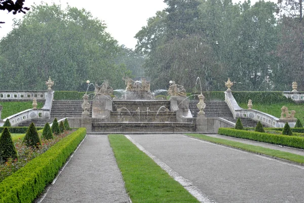 Starker Sommerregen in einem Park Stockbild