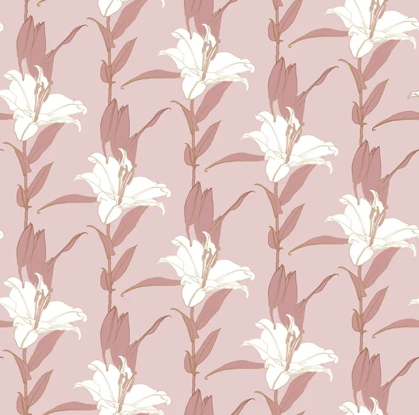 Floral απρόσκοπτη μοτίβο από λευκά και χαυλιόδοντα λουλούδια κρίνο χρώμα με χάλκινο περίγραμμα — Διανυσματικό Αρχείο