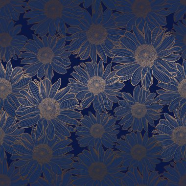 Ayçiçeklerinin kusursuz deseni, koyu mavi üzerine altın metalik doğrusal çizim